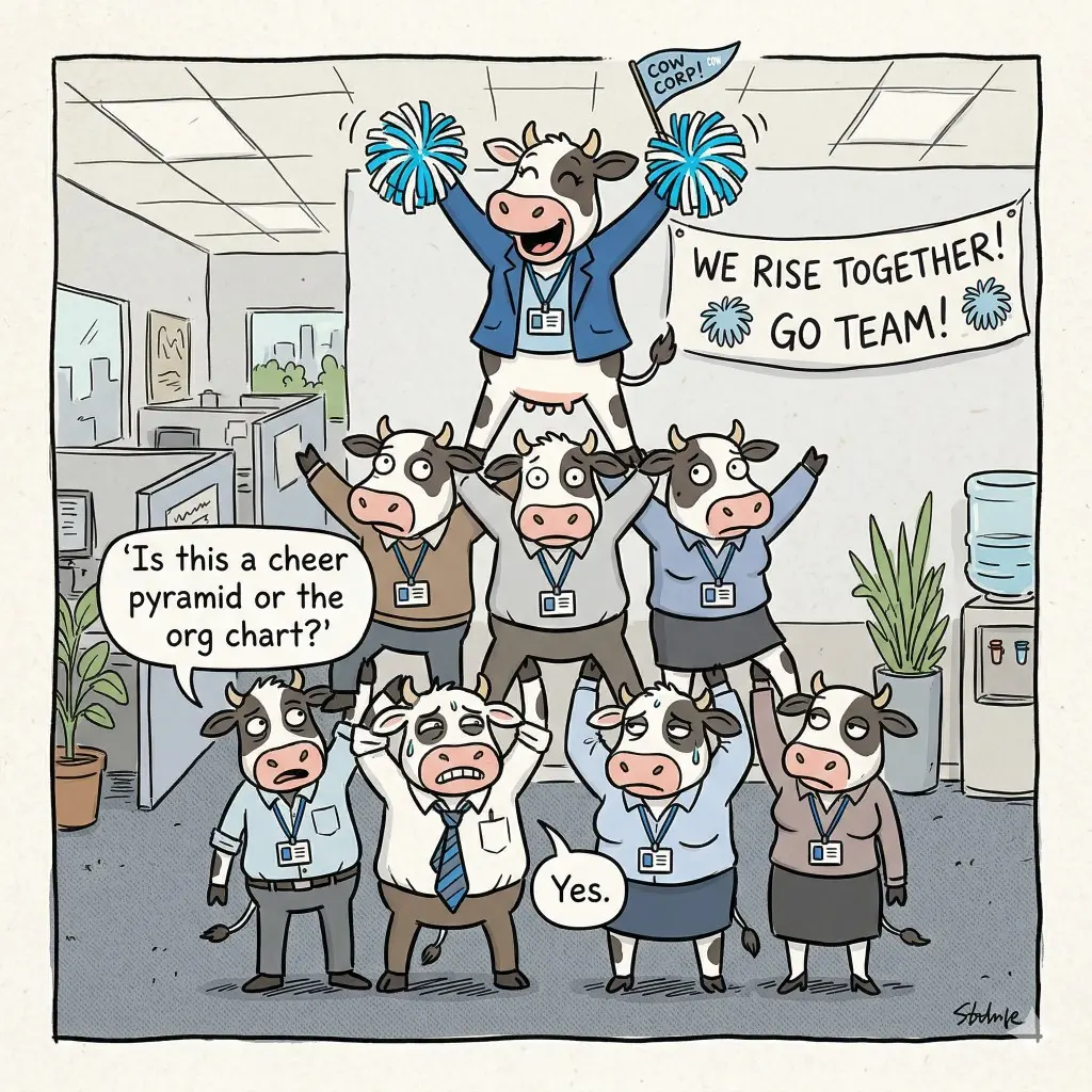 This week, our cube-cows prove we rise together: some rise vertically, others rise mainly in lower-back pain statistics. /cognitive-memetics/cows/2026-05-27-cow-w14/team-work.webp