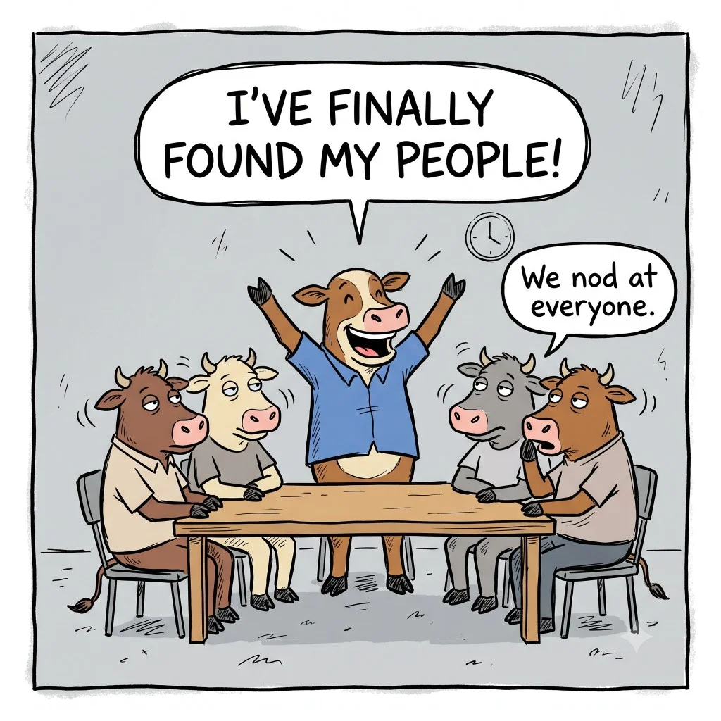 /cognitive-memetics/cows/2026-10-28-cow-w36/found-his-people.webp