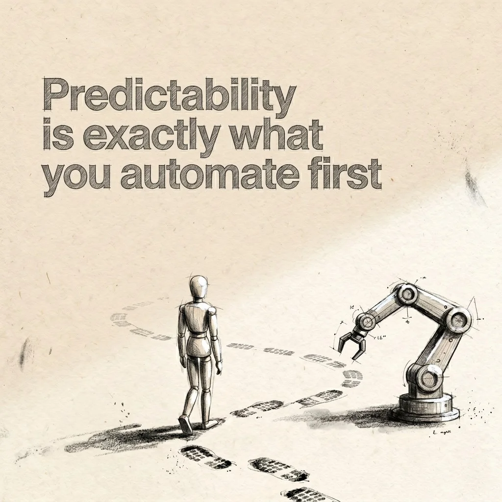 /cognitive-memetics/t-shirt-art/2026-05-23-tshirt-predictability-automates-first/predictability-automates-first.webp