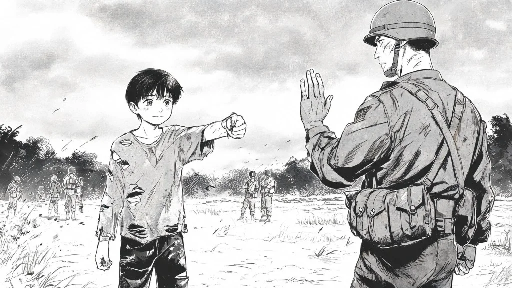 A boy in torn clothes reaches toward a soldier who holds up a stop hand in a war-torn field