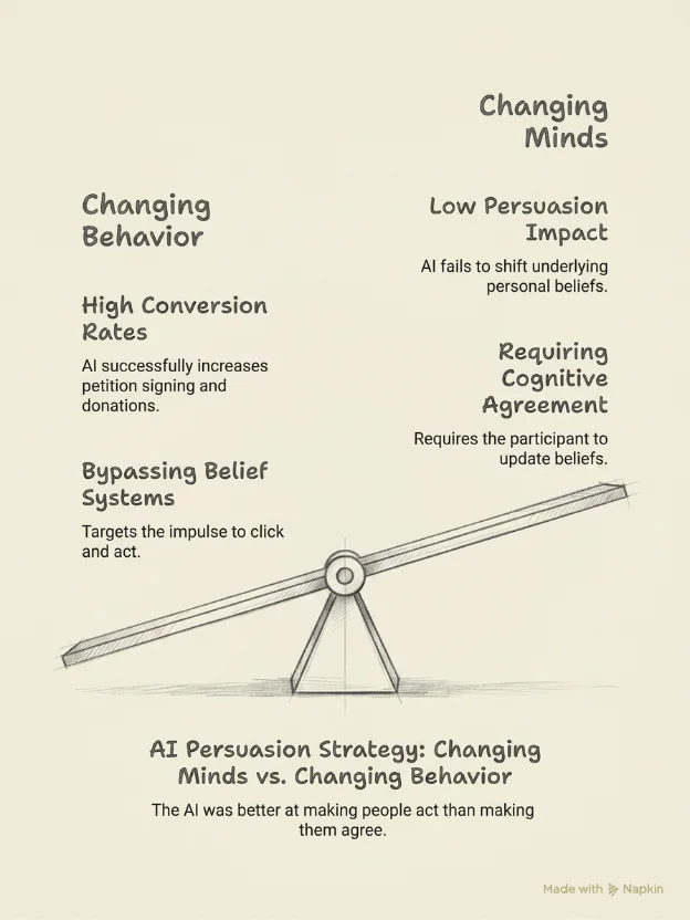 Infografía de balanza sobre persuasión con IA: cambiar la conducta pesa más que cambiar la opinión. Izquierda (abajo): altas tasas de conversión y saltarse sistemas de creencia. Derecha (arriba): bajo impacto persuasivo y exigir acuerdo cognitivo. Pie: La IA fue mejor para obligarte a actuar que para convencerte.