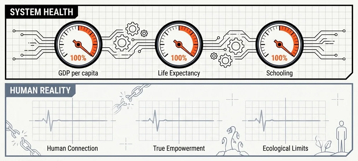 Split dashboard: system health gauges at 100% for GDP per capita, life expectancy, and schooling; human reality monitors flatlined for human connection, true empowerment, and ecological limits
